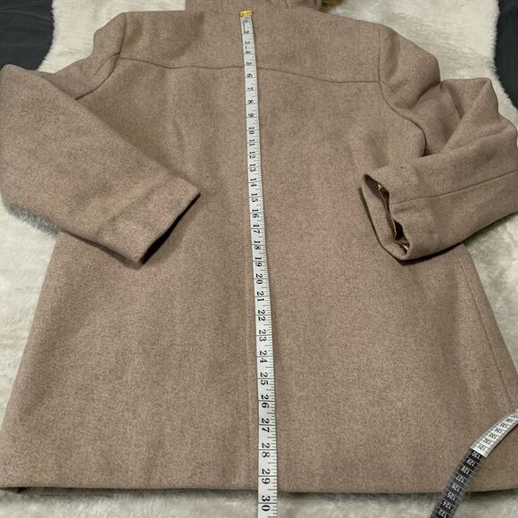 Calvin‎ Klein Beige Wool Blend Full Zip Womens Coat Size Large Jacket Fur Hood - Picture 8 of 8